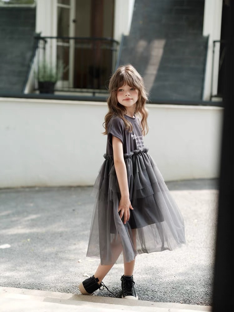 Girls' Knitted Splicing Mesh Dress Printed Dress Daily casual dress