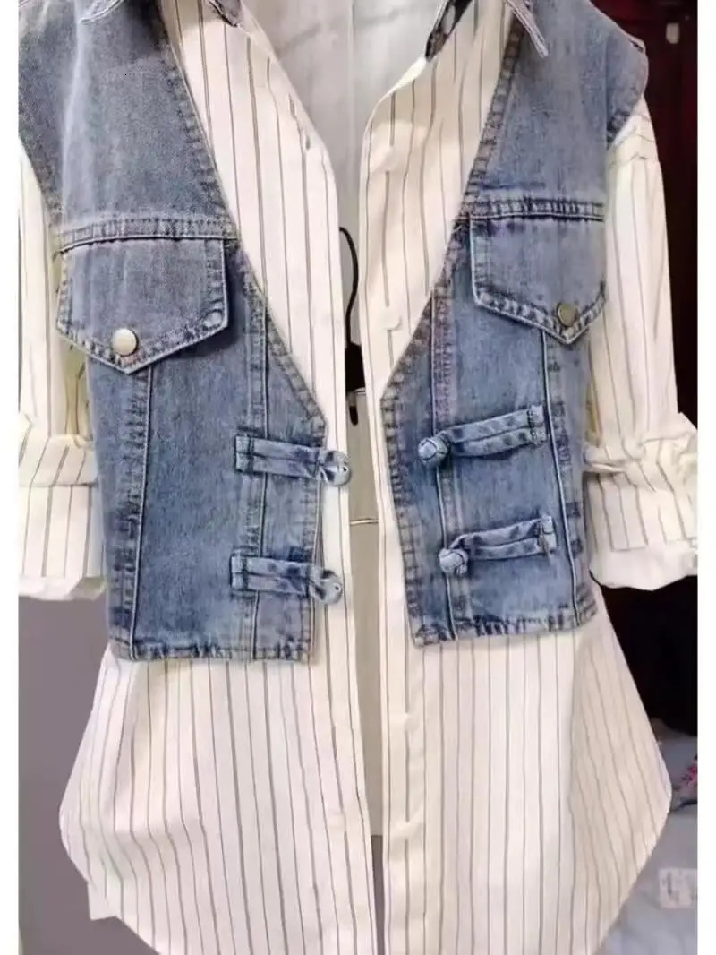 Fashion Sense Striped Denim Jackets Shirt Womens Spring Summer Cowboy Splicing Two Pieces Shirt Coat Top Women 250619