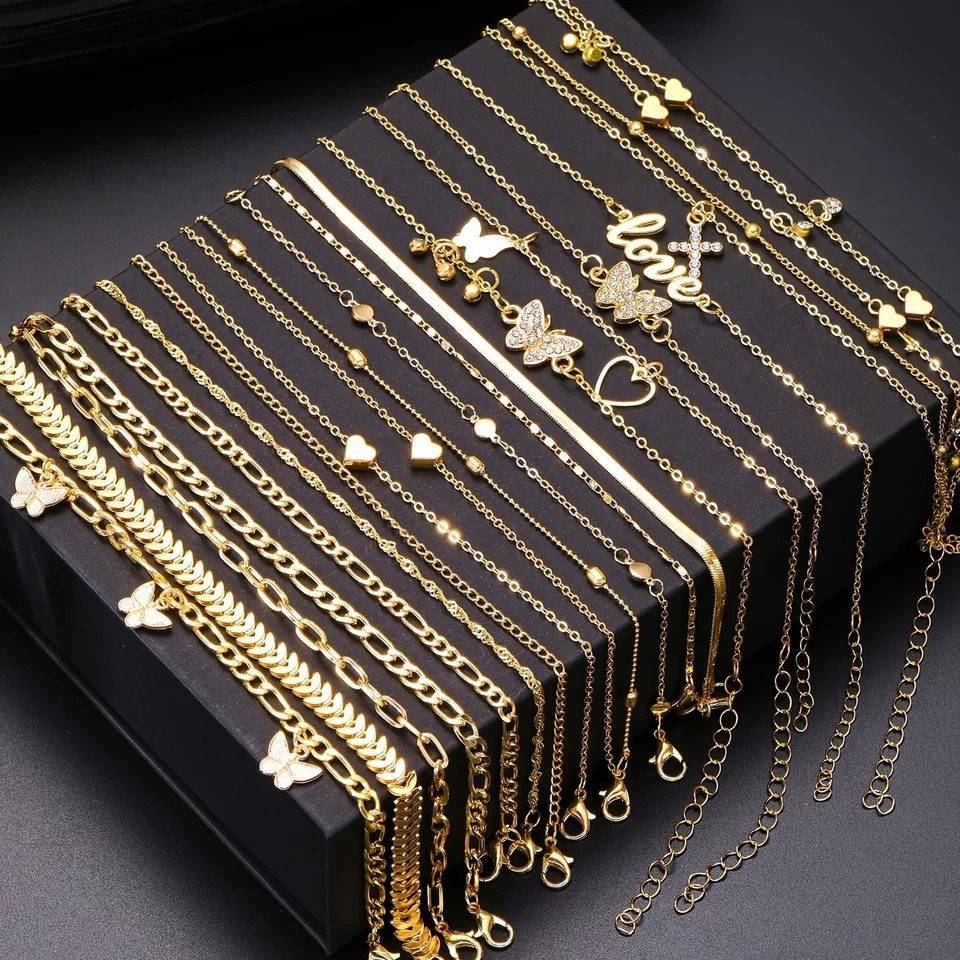 18Pcs Bohemian Summer Beach Anklet Set For Women Vintage Butterfly Heart Crystal Pendant Foot Bracelets Fashion Jewelry Gift 250606