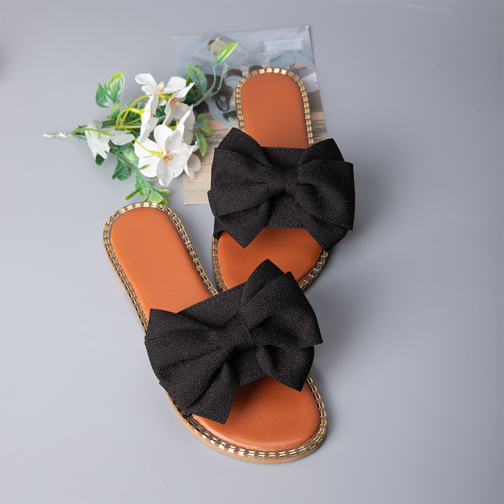 526-Women's bow sandals, shiny flat sandals, open-toe slippers, holiday casual shoes