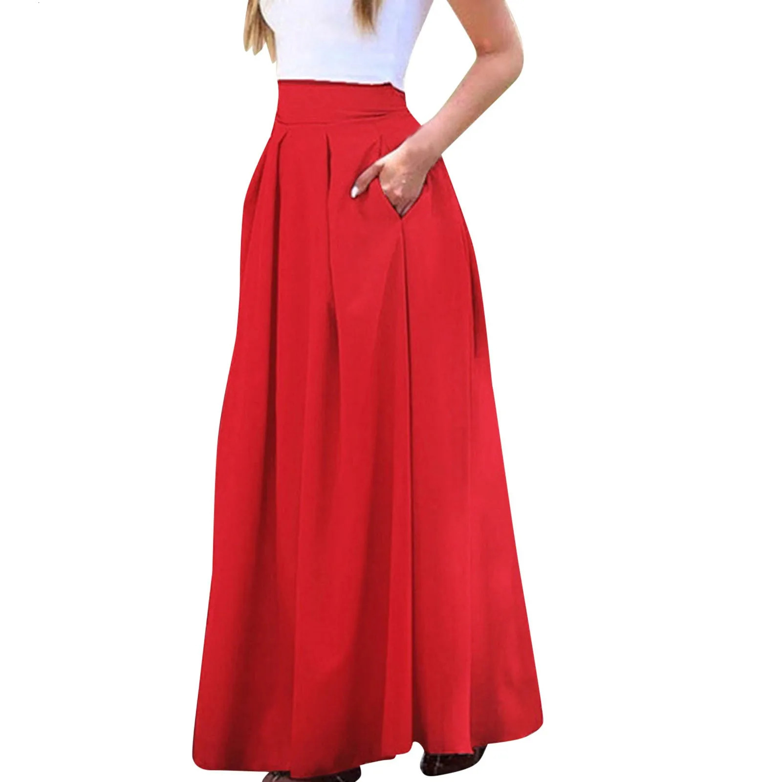 Spring Summer Office Lady Pleated Skirt Women High Waist A Line Floor Length Skirt Faldas With Pockets Solid Baggy Maxi Skirt 250619