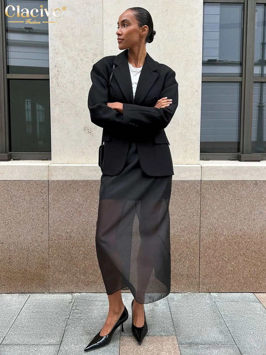 Clacive Fashion Loose Balck Women Skirt Casual High Waist Ankle Length Skirts Elegant Classic Mesh Spliced Skirt Female Clothing 250619