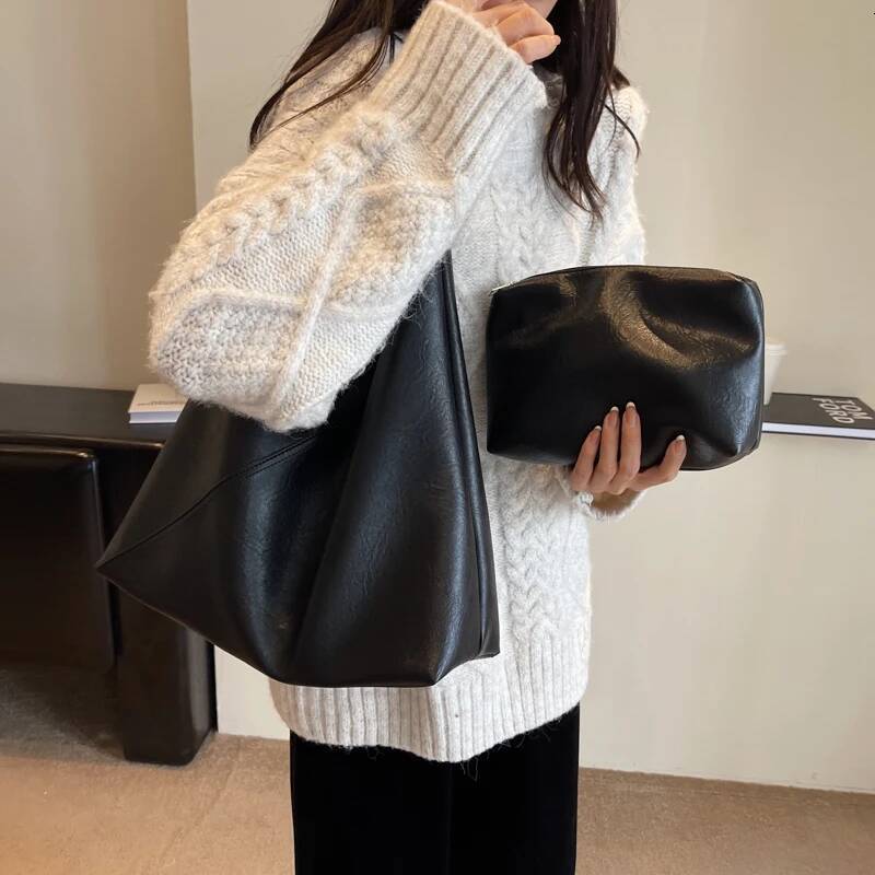 DHSM MOODS Retro Designer 2-IN-1 Shoulder Bags For Women Soft PU Leather Pure Color Large Capacity Underarm Hobo Shopper Tote Handbag