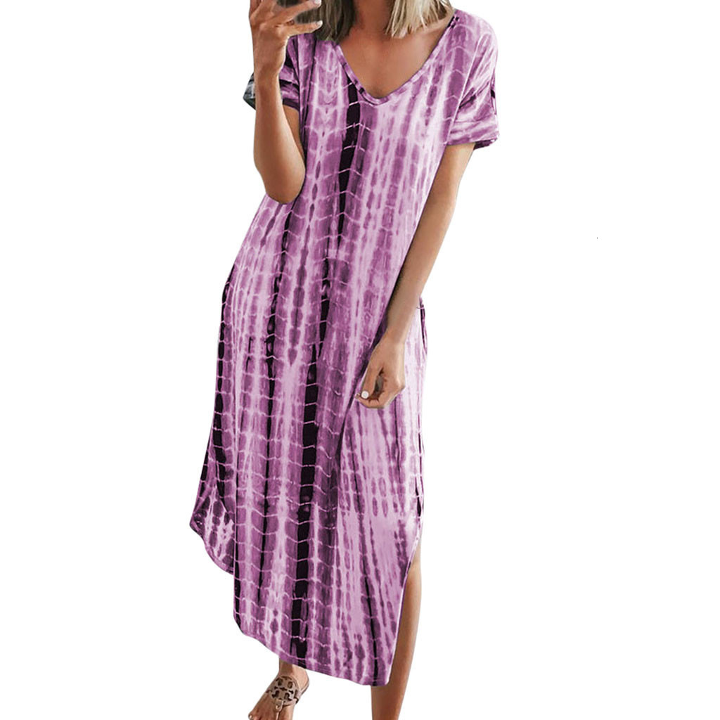 Designer Plus Size Dress2025 Summer New European And American Women's Printed Tie-dye Split V-neck Loose Slimming Plus Size Irregular Dress