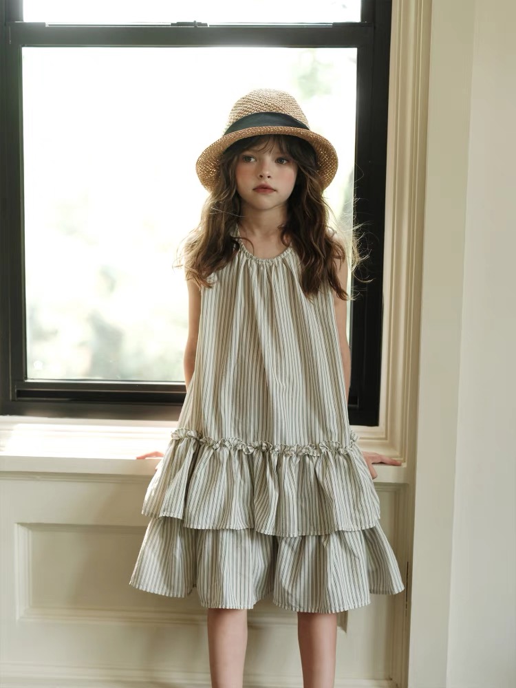 Girls' yarn dyed striped vest dress casual dress ruffle edge dress New girls' dress