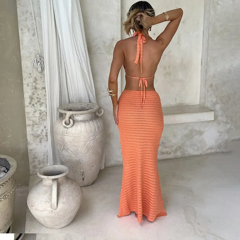Sexy Halter V Neck Backless Knitted Beach Cover Up Cover-ups Beach Dress Beach Wear Beachwear Two Pieces Set Female Vestids 250619