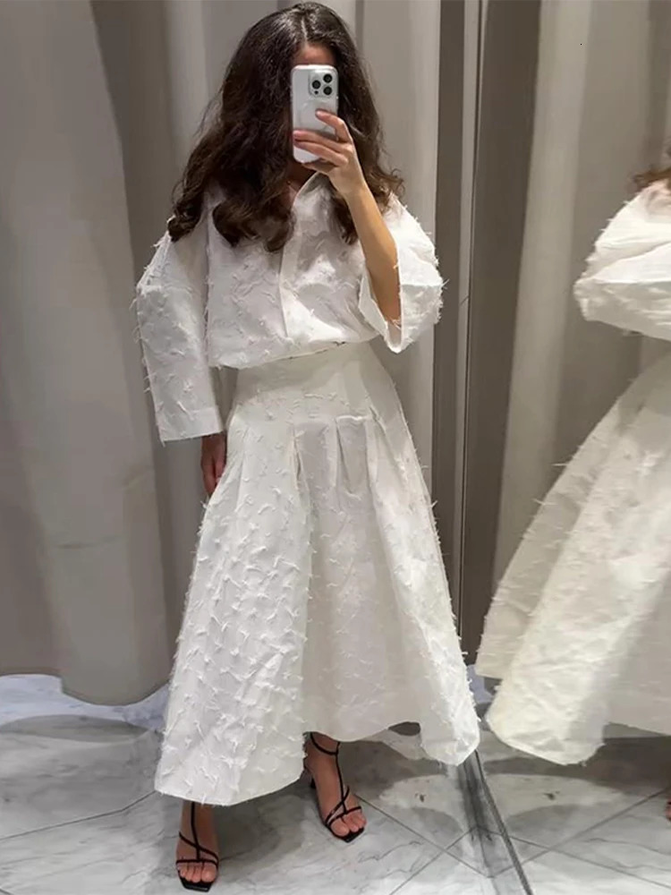 Elegant Shirt Skirt Set Women Lapel Long Sleeve Loose T-shirt High Waist Pleated Long Skirts Suits 2025 Summer Street Lady Sets 250619