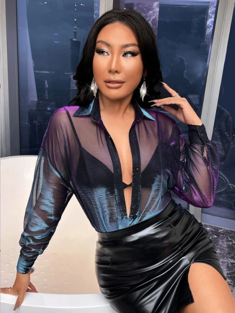 Fashionable laser color changing bright silk see-through loose temperament long-sleeved shirt 250619