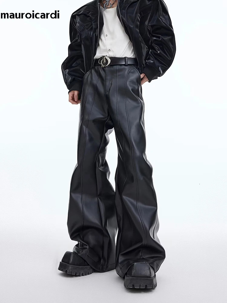 Mauroicardi Autumn Cool Handsome Long Black Matte Baggy Pu Leather Wide Leg Pants for Men High Waist Emo Clothes 250614