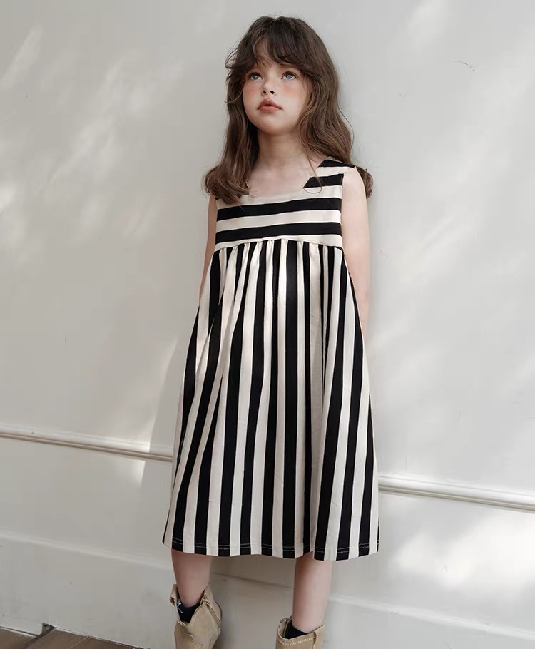 Girls' knitted striped vest dress casual dress Breathable loose princess dress