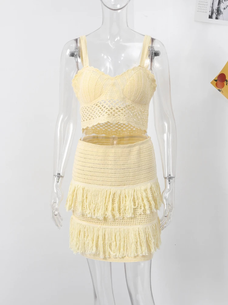 Sexy Knitted Tassels Top Mini Skirt Set Women Crop Bikini Vests Multi Layers Fringe Skirts 2025 Summer Beach Party Outfits Lady 250619