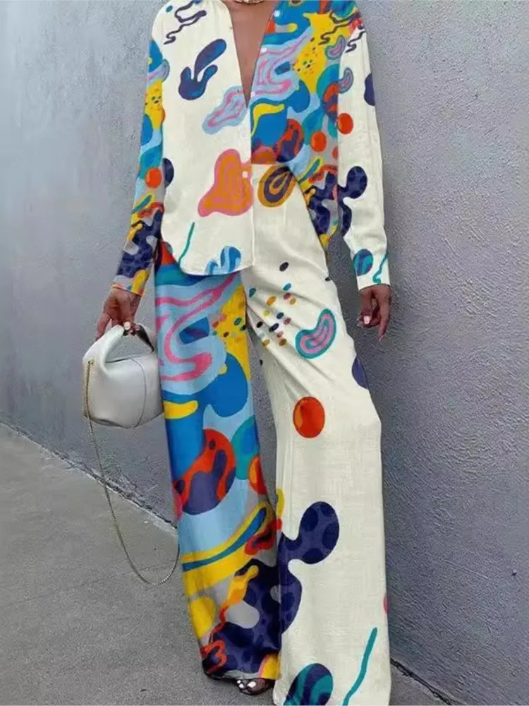 Summer Beach Vacation Style Cruise Print 2-Piece Set Lapel ShirtLace-up Wide-Leg Pants For Women Cruise Outfit Holiday Suit 250619