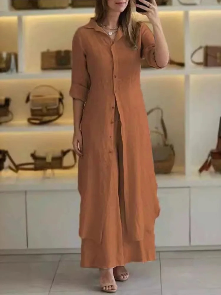 Product Womens Summer And Autumn Urban Elegant Cotton Hemp Slimming Waist Long Shirt Wide Leg Pants Two Piece Set 250619
