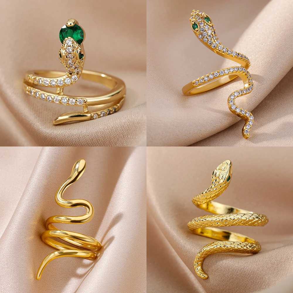 Stainless Steel Snake Rings For Women Men Gold Color Open Adjustable Zircon Ring Vintage Gothic Aesthetic Jewelry anillos mujer M250620