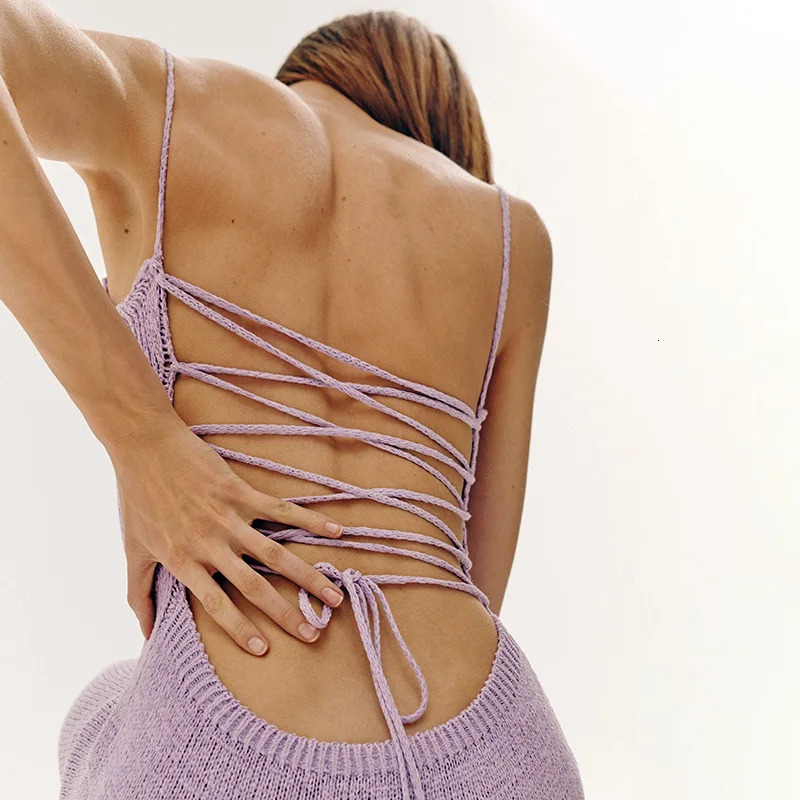 Sexy Backless Lace Up Knitted Maxi Dress Chic Women Elegant Lady High Split Long Dress Holiday Birthday Party Night Clothing 250619