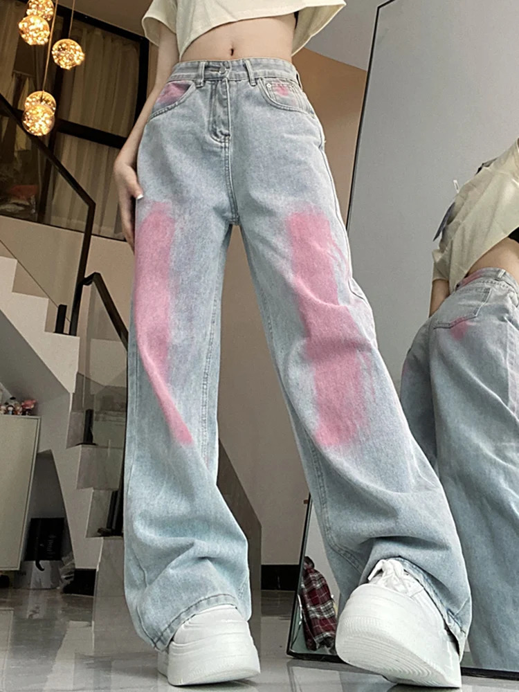 Female Straight Leg Baggy Korean Version Graffiti Jeans Girls Loose Y2K Punk Streetwear Denim Pants Oversized Wide Leg Trousers 250619