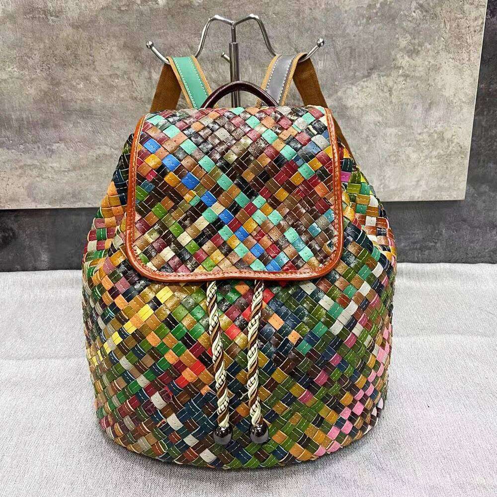 Color Weaving Genuine Backpack Woman Real First Layer Cow Leather Bagpack Vintage Fashion Ladies Double Shouder Bag