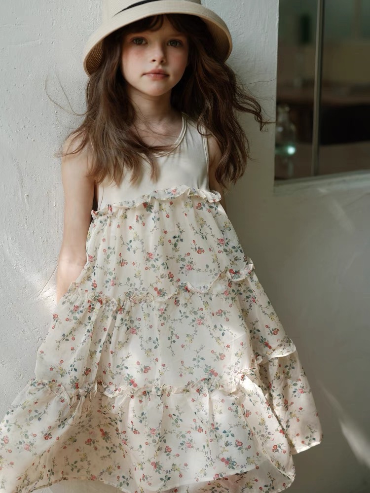 Girls' Knitted Splicing Chiffon Cake Dress Loose daily outerwear dress