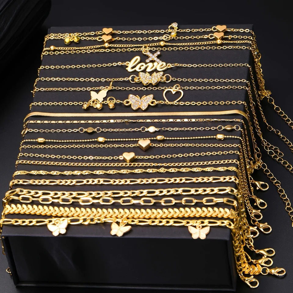 18Pcs Bohemian Summer Beach Anklet Set For Women Vintage Butterfly Heart Crystal Pendant Foot Bracelets Fashion Jewelry Gift 250606