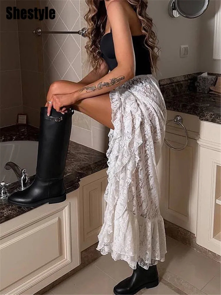 Shestyle Lace Transparent Long Skirts for Women Asymmetrical Floral Ruffles Summer 2025 Nre Stylish Outfits Holiday Slit Elegant 250619