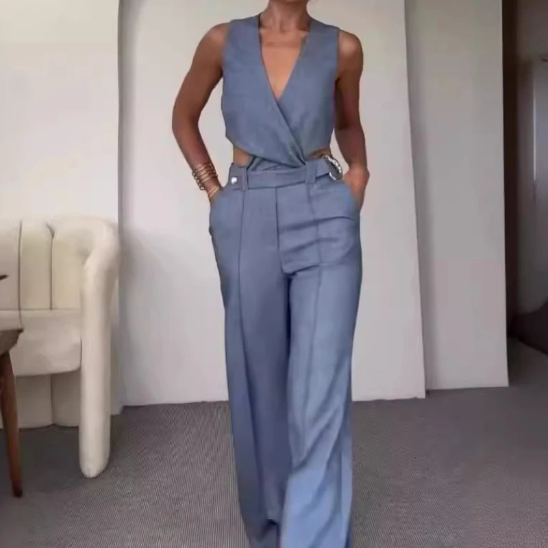 White Vest Tops Two Piece Sets Women Pants Set Round Neck Sleeveless Button High Waist Wide Leg Long Pants Slim Fit Elegant 250619