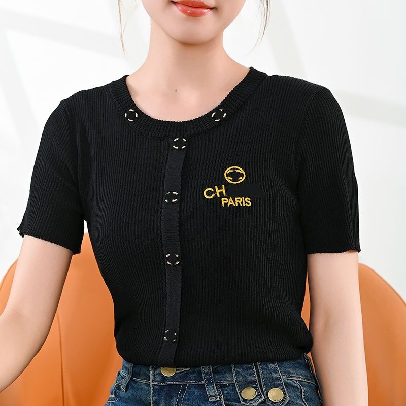 Women o-neck short sleeve logo letter embroidery summer thin knitted tops SML