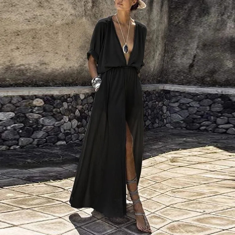 Fashion Short Sleeve Loose Casual Long Dress Sexy Deep V Neck High Slit Party Dress Lady Elegant Solid Boho Beach Women Sundress 250619