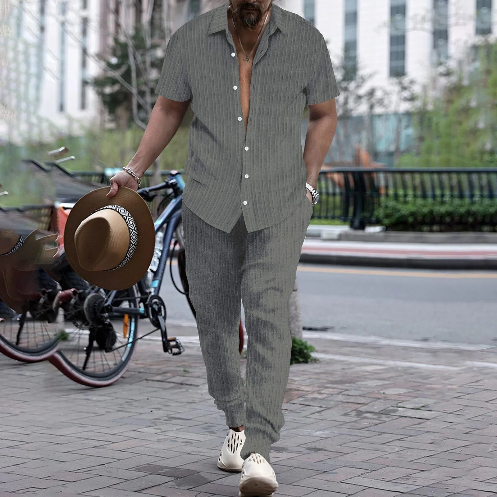 Mens Shirt Casual Short Sleeve Cardigan Blouse Top Pants Beach Suit Summer Two Piece Set Fashion Clothing For Man Ropa Hombre 250619