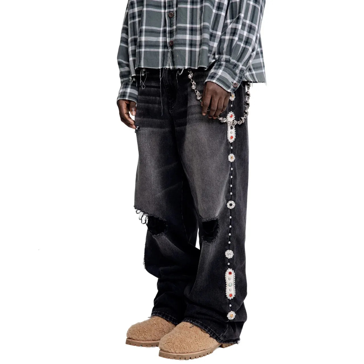 Punk Vintage Rhinestone Embellished Black Jeans Y2k American Style Streetwear Baggy Wide Leg Jeans Men Women Ripped Denim Pants 250617