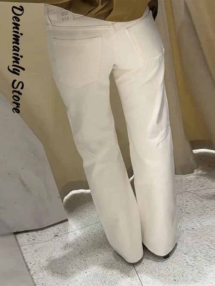 Bandage Low Waist Woman White Jeans Fashion Wash Denim High Street Straight Pants Summer 2025 Casual Loose Female Trousers 250619