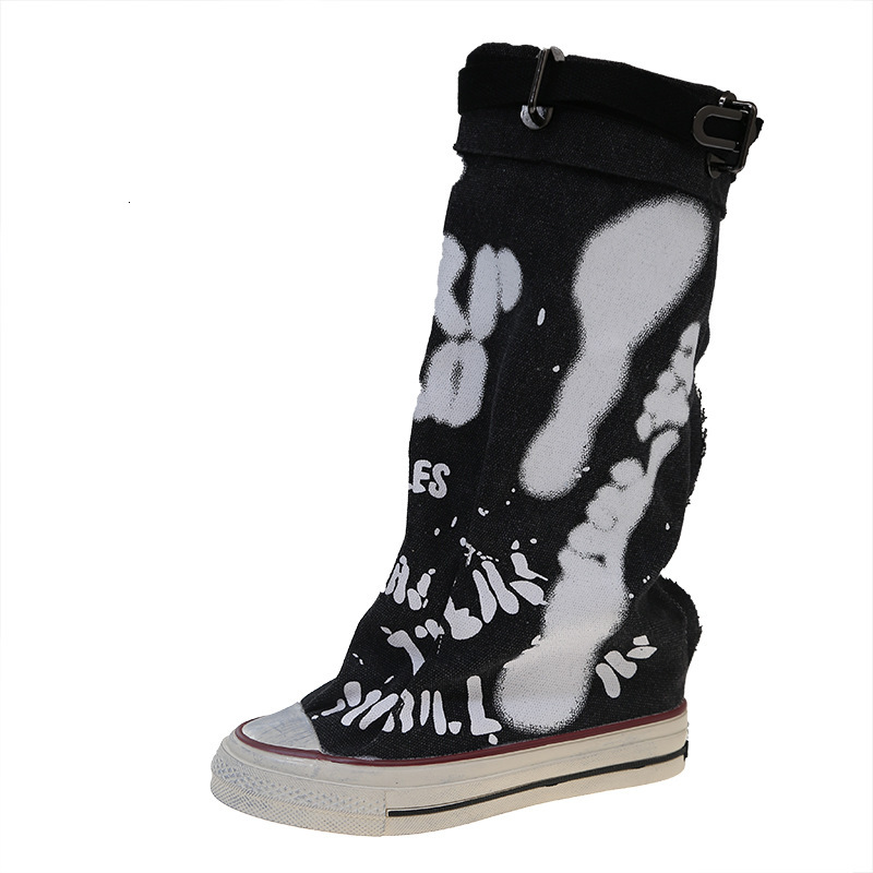Ddmysports Casual Sneakers Graffiti High Top Canvas Shoes Women Spring Wide Mid Tube New Style Pants Tube Slouch Boots Outdoor Shoes