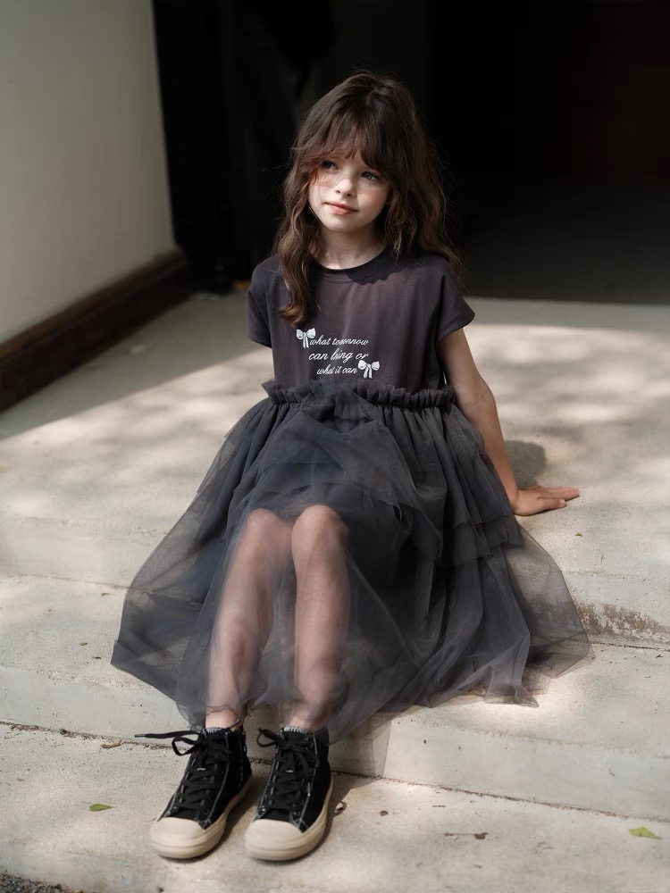 Girls' Knitted Splicing Mesh Dress Printed Dress Daily casual dress