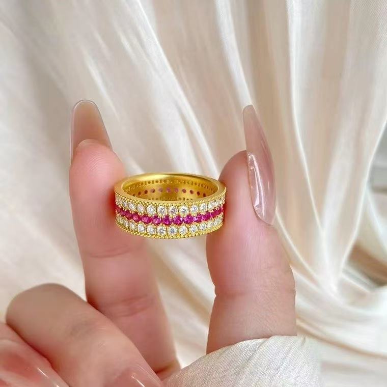 Ruby Ring, Women's Fashion, 925 Silver Inlaid Ruby, Starry Sky, Three Rows Full Moissanite Diamond Ring