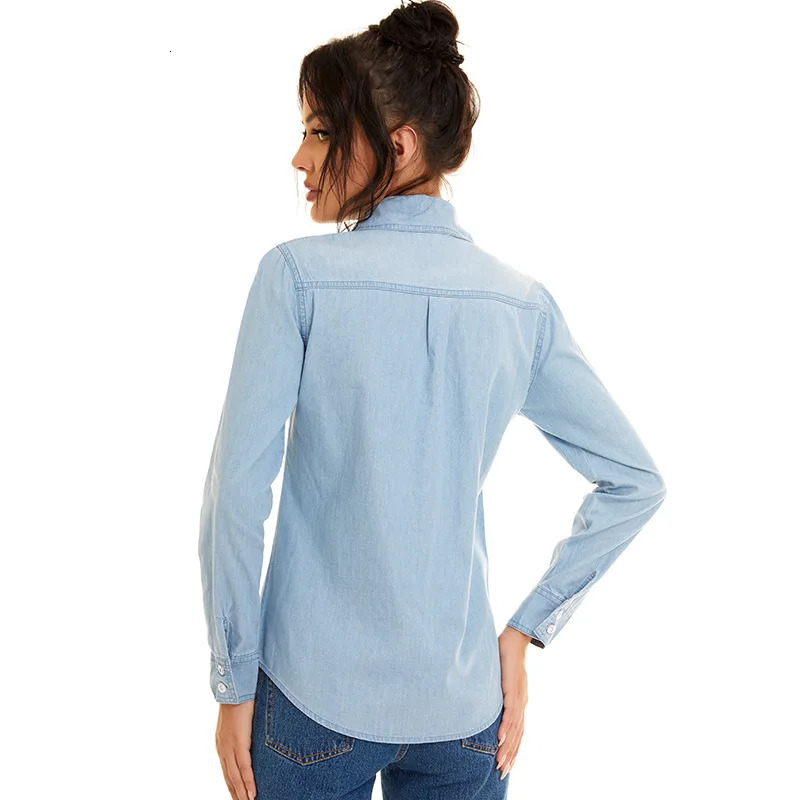Streetwear Light Blue Cotton Thin Basic Shirts Jeans Woman Spring Long Sleeve Denim Blouses Ladies Tops Clothes 250619