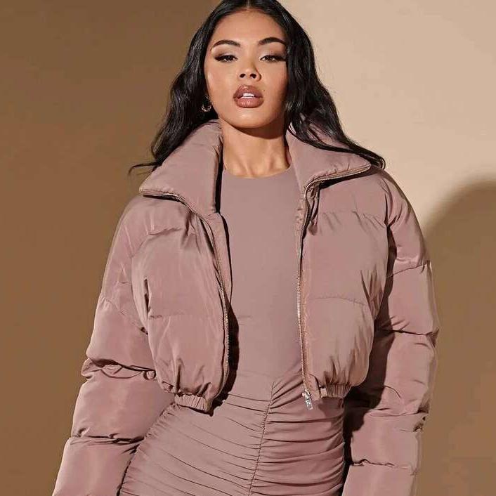 Women's American Style Short Winter Coat - Solid Color Cotton-Padded Stand-Up Collar