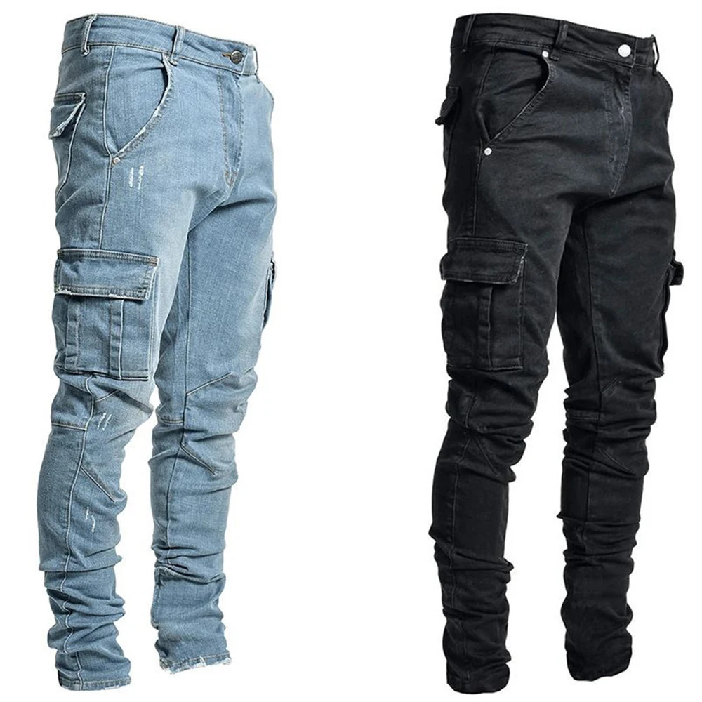 Fashion Streetwear Ripped Skinny Jeans Men Side Mulit Pockets Denim Cargo Pants Slim Fit Pantalones Hombre Soft Elastic Joggers 250619