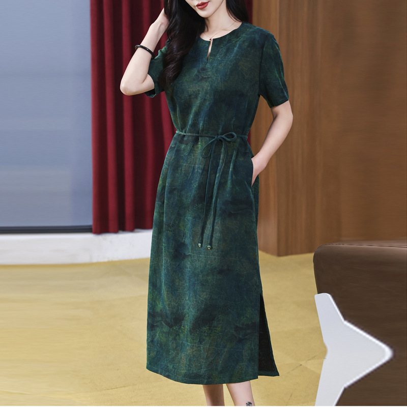 030 High-end tie-dyed Xiangyun yarn dress for women Spring and summer new style silk loose slim lace-up mulberry silk long skirt