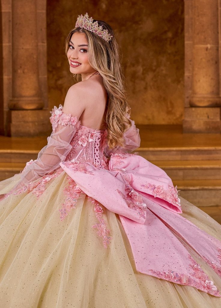 Champagne Princess Quinceanera Dresses With Pink Floral Lace Applique Off Shoulder Removable Long Sleeves Bow Back Prom Ball Gown Sweet 16 Dress Vesti