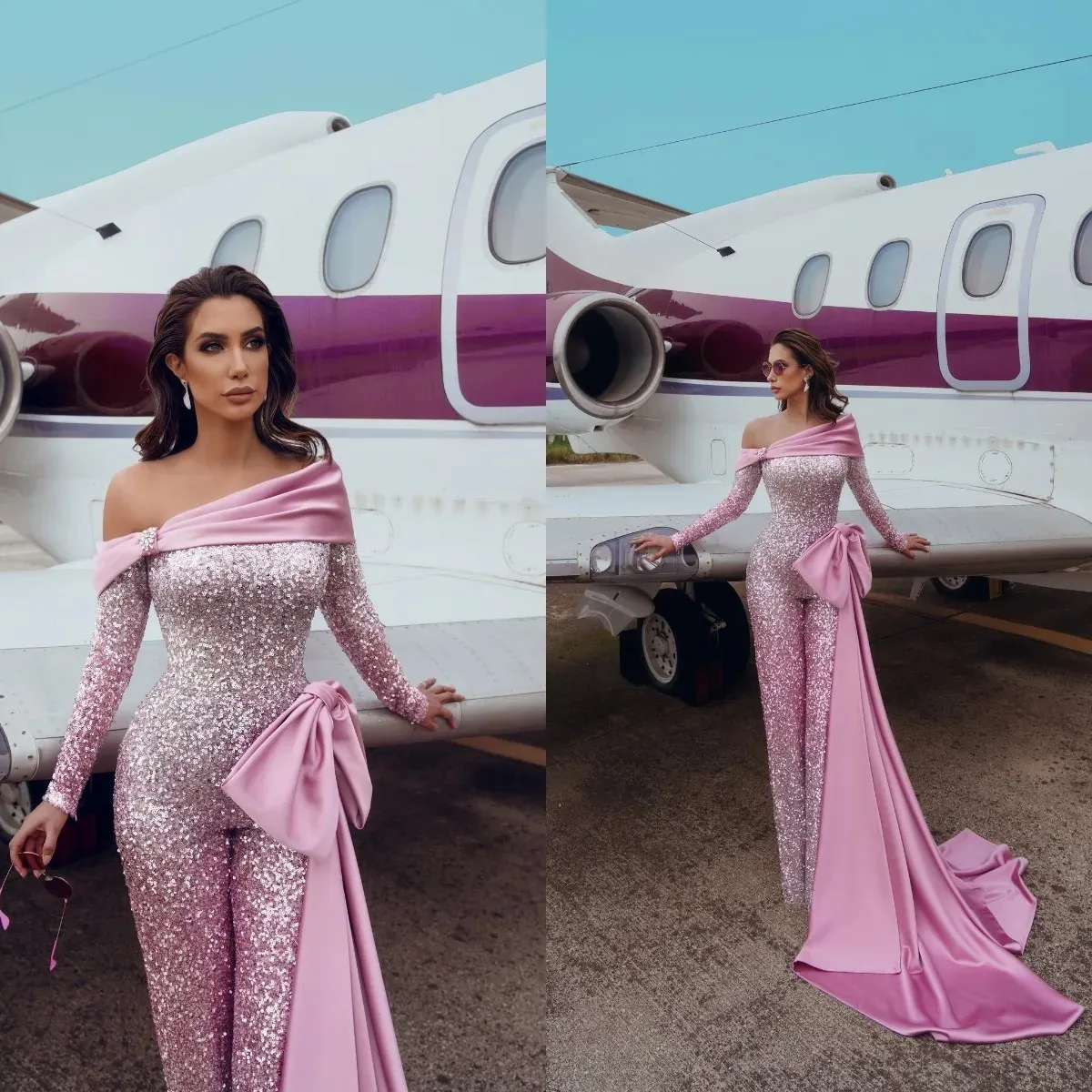 Elegant One Shoulder Prom Dresses Sequined Jumpsuits Evening Dress Long Sleeve Bow Tie Celebrity Party Gown Custom Made