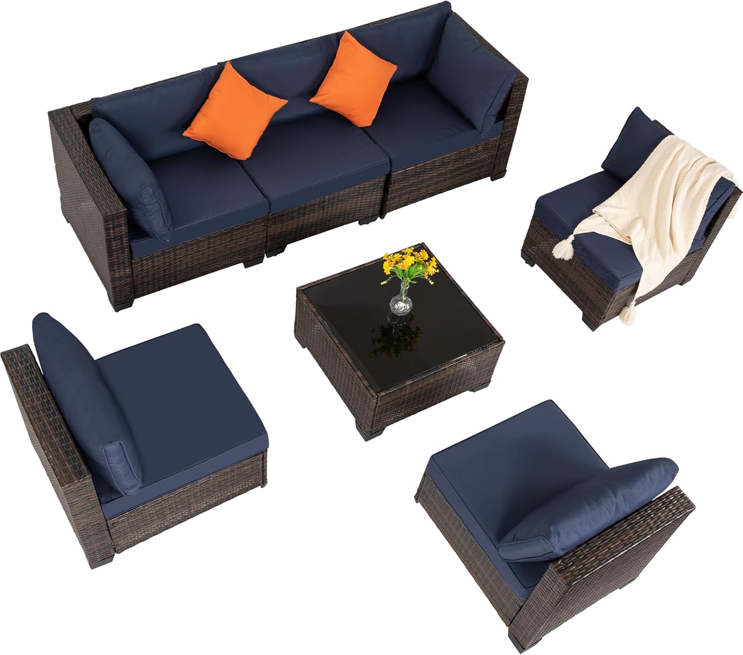 7 Pieces Patio Furniture Set Modular Patio Set Wicker Outdoor Sectional Sofa Set PE Rattan Wicker Patio Conversation Set with Thickened Cushions and C