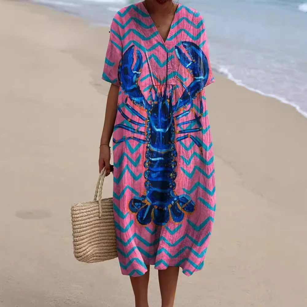 Designer Plus Size Dressindependent Station New Plus Size Women's Shirt Pocket Short Sleeve Dress Ocean Element Fish Vacation Style Dress