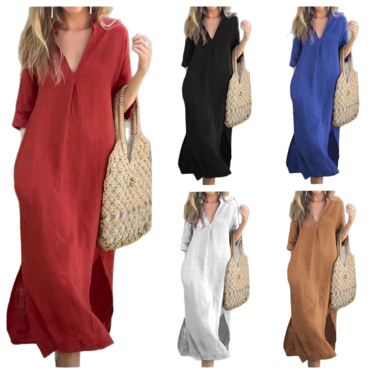 Designer Plus Size Dressplus Size Women's Fashion 2025 Summer New V-neck Three-quarter Sleeve Cotton Linen Side Slit Dress Solid Color Casual Lon