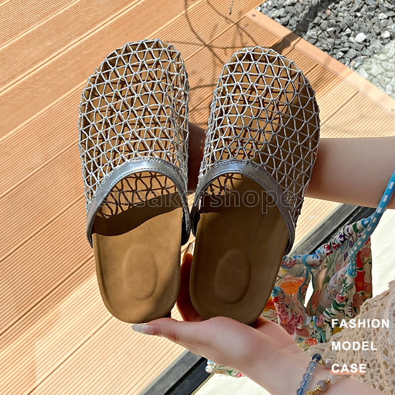 womens sliders hollow out designer sandals summer slides flats slippers fashion simple breathable mesh weaving slipper casual mules size 35-40