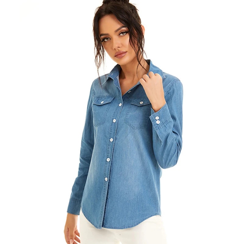 Streetwear Light Blue Cotton Thin Basic Shirts Jeans Woman Spring Long Sleeve Denim Blouses Ladies Tops Clothes 250619