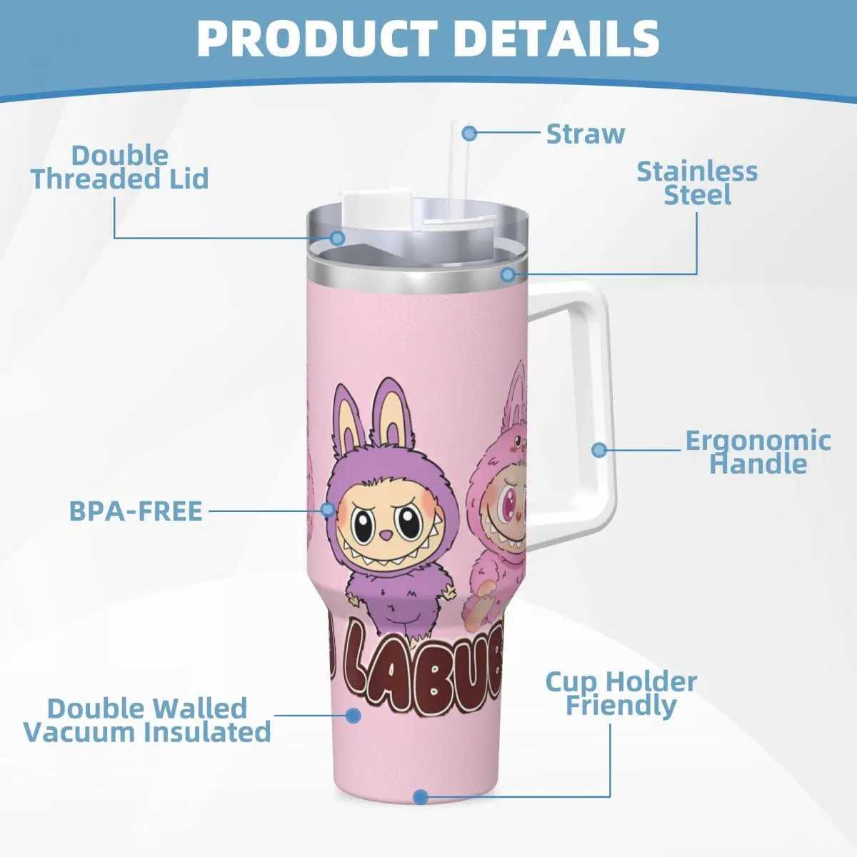 Stainless Steel Tumbler L-Labubu gs Cup With Straws Nozzle Travel Hot Drinks Water Bottle Insulated 40oz Thermal Cups W250618