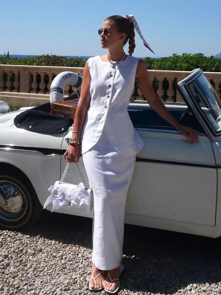 Chic Cotton Linen Long Skirt Set Women Summer Sleeveless Single Breasted Vest Top Back Split Maxi Skirts Lady 2 Piece Suits 250619