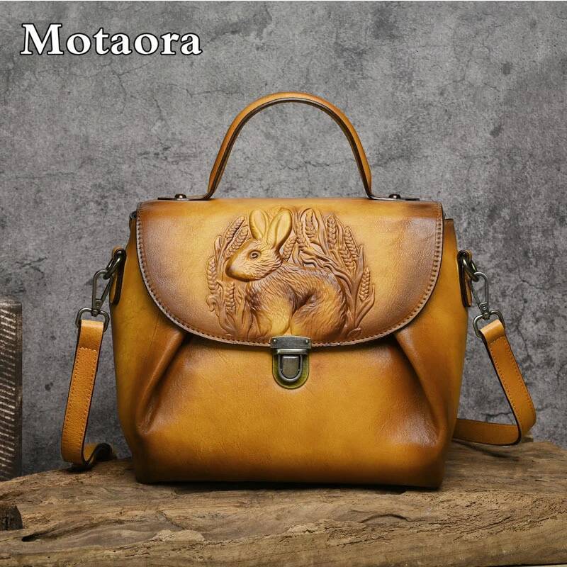 DHGM MOTAORA Vintage Handbags For Women Genuine Leather Shoulder Bags 2025 Woman Bag Rabbit Emed Handmade Designer Handbag