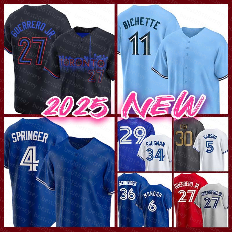 Mens George Springer Baseball Jerseys Alek Manoah Blue Jays Alejandro Kirk Bo Bichette Vladimir Guerrero Jr. Joe Carter Daulton Varsho Kevin Gausman Davis Schneider