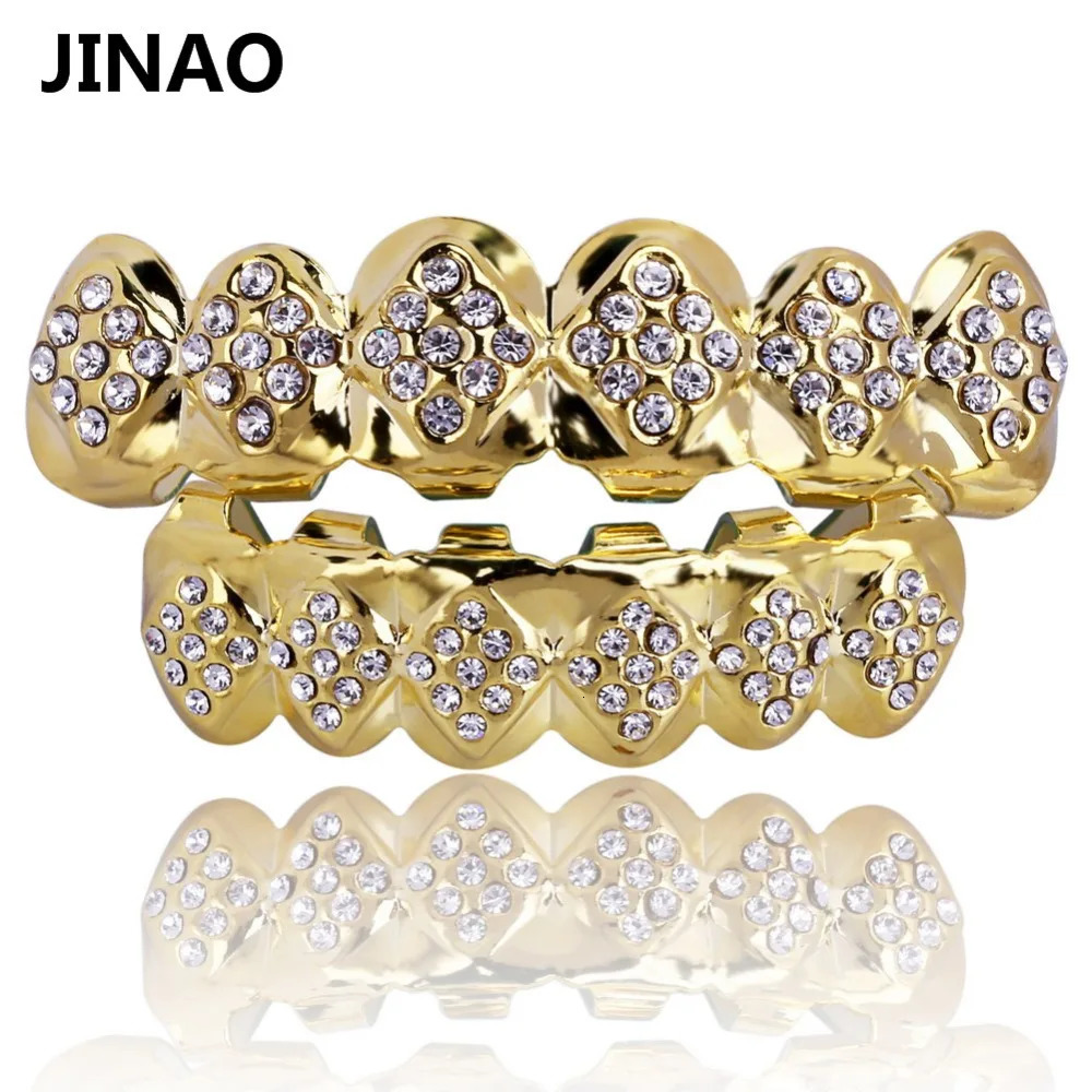 JINAO Fit Gold Color Plated Iced Out Crystal Top Bottom Teeth With Silicone Halloween Christmas Gift 250613
