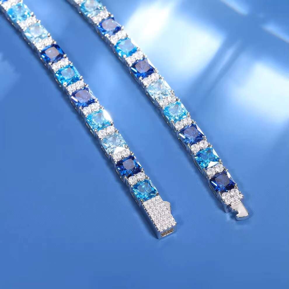 Unique VVS Moissanite Ocean Blue Tennis Bracelet 925 Sterling Silver Elegant Fine Chain Link Design Valentine Special Gift